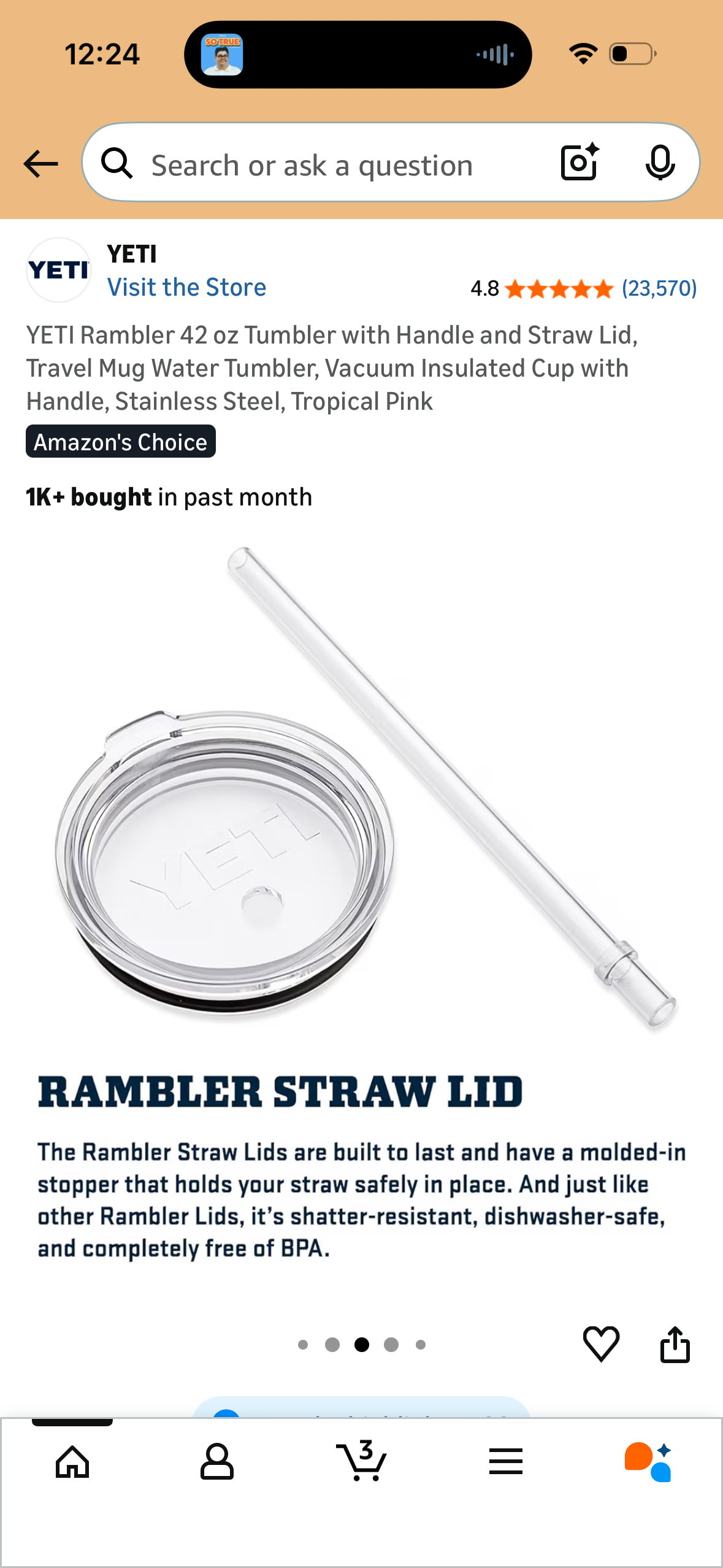 YETI Rambler 42 oz Tumbler with Handle and Straw Lid, Travel Mug Water Tumbler, Vacuum Insulated Cup with Handle, Stainless Steel, Tropical Pink