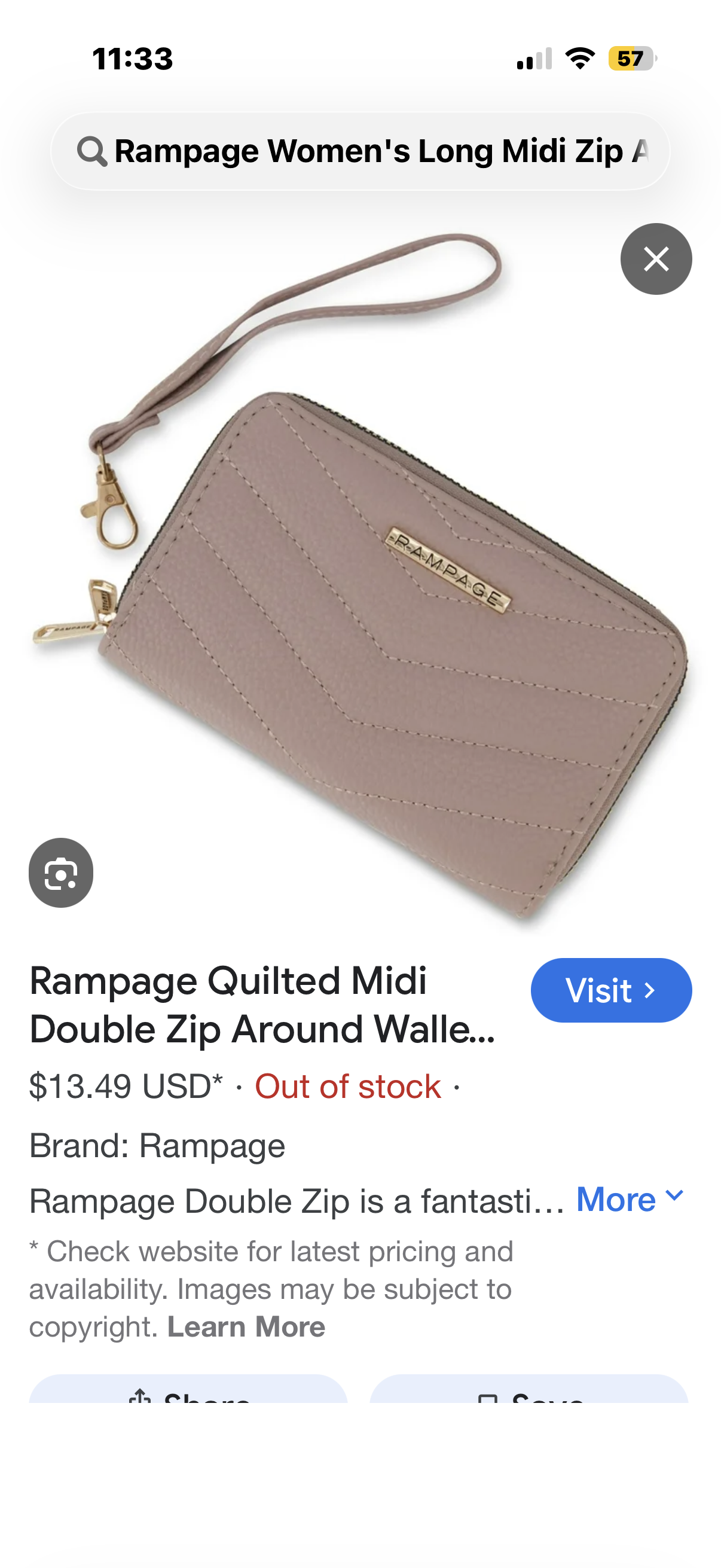 Rampage Women's Long Midi Zip Around Wallet Clutch with Wristlet Strap, Double Zip Function, Dove