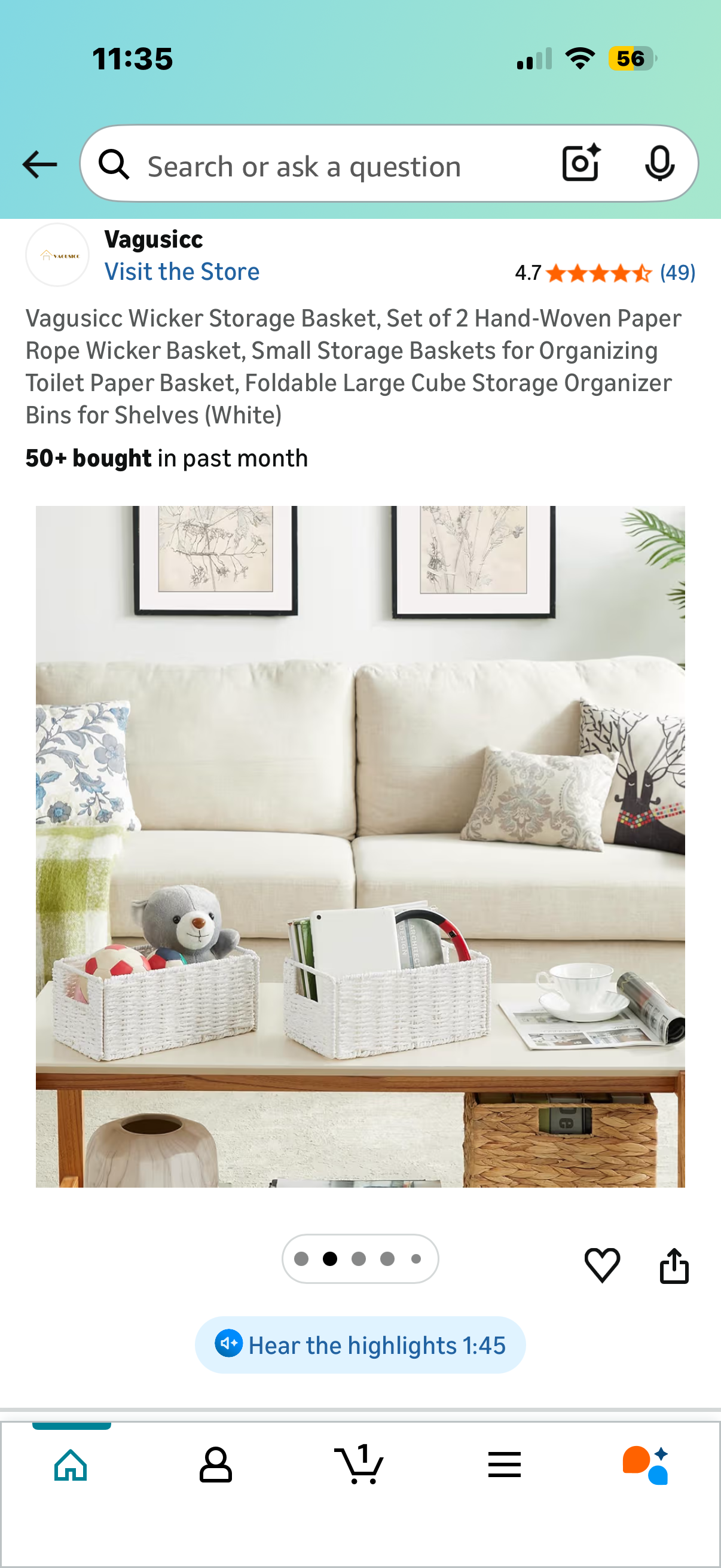 Wicker Storage Basket, Set of 2 Hand-Woven Paper Rope Wicker Basket, Small Storage Baskets for Organizing Toilet Paper Basket, Foldable Large Cube Storage Organizer Bins for Shelves (White