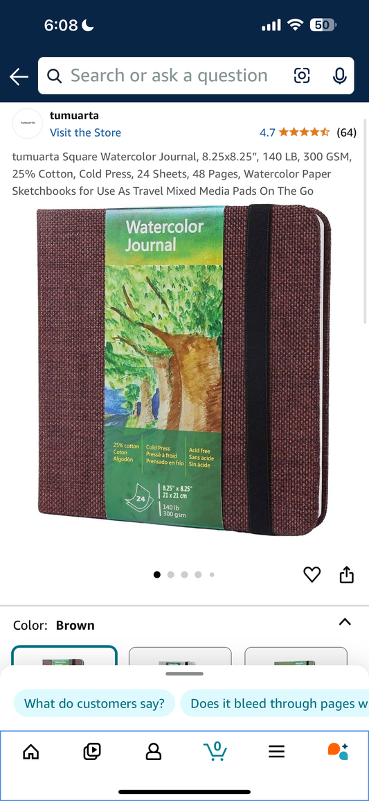 tumuarta Square Watercolor Journal, 8.25x8.25”, 140 LB, 300 GSM, 25% Cotton, Cold Press, 24 Sheets, 48 Pages, Watercolor Paper Sketchbooks for Use As Travel Mixed Media Pads On The Go