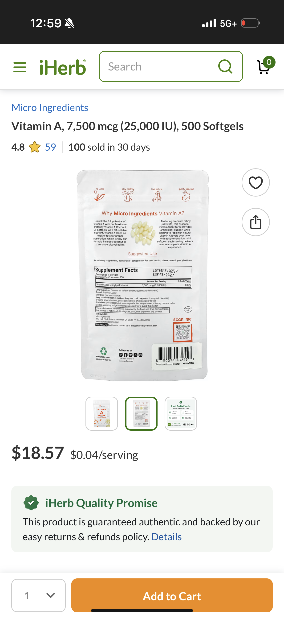 Micro Ingredients Vitamin A, Made with Coconut Oil, 500 Soft Gel Tablets, 25,000 IU per serving EXP: 03/2028