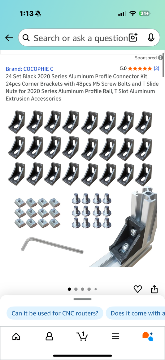 24 Set Black 2020 Series Aluminum Profile Connector Kit, 24pcs Corner Brackets with 48pcs M5 Screw Bolts and T Slide Nuts for 2020 Series Aluminum Profile Rail, T Slot Aluminum Extrusion Accessories