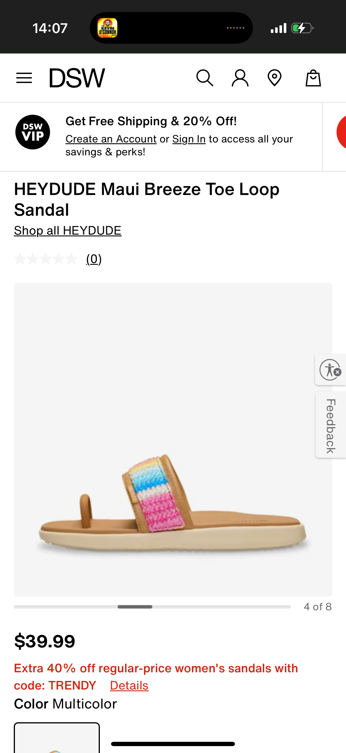 HEYDUDE Maui Breeze Toe Loop Sandal Size: US W8