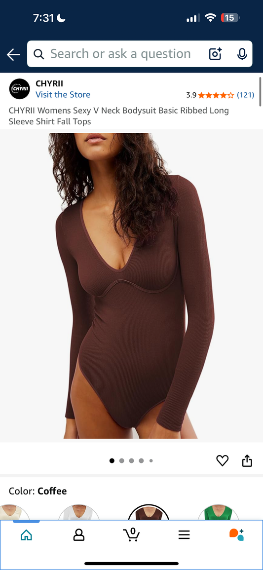 CHYRII Womens Sexy V Neck Bodysuit Basic Ribbed Long Sleeve Shirt Fall Tops (Size Large)