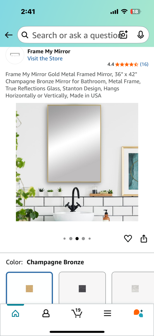 Mirror Gold Metal Framed Mirror, 36x 42”, Metal Frame, True Reflections Glass, Gold Finish, Stanton Design, Hangs Horizontally or Vertically, Made in USA (M379)