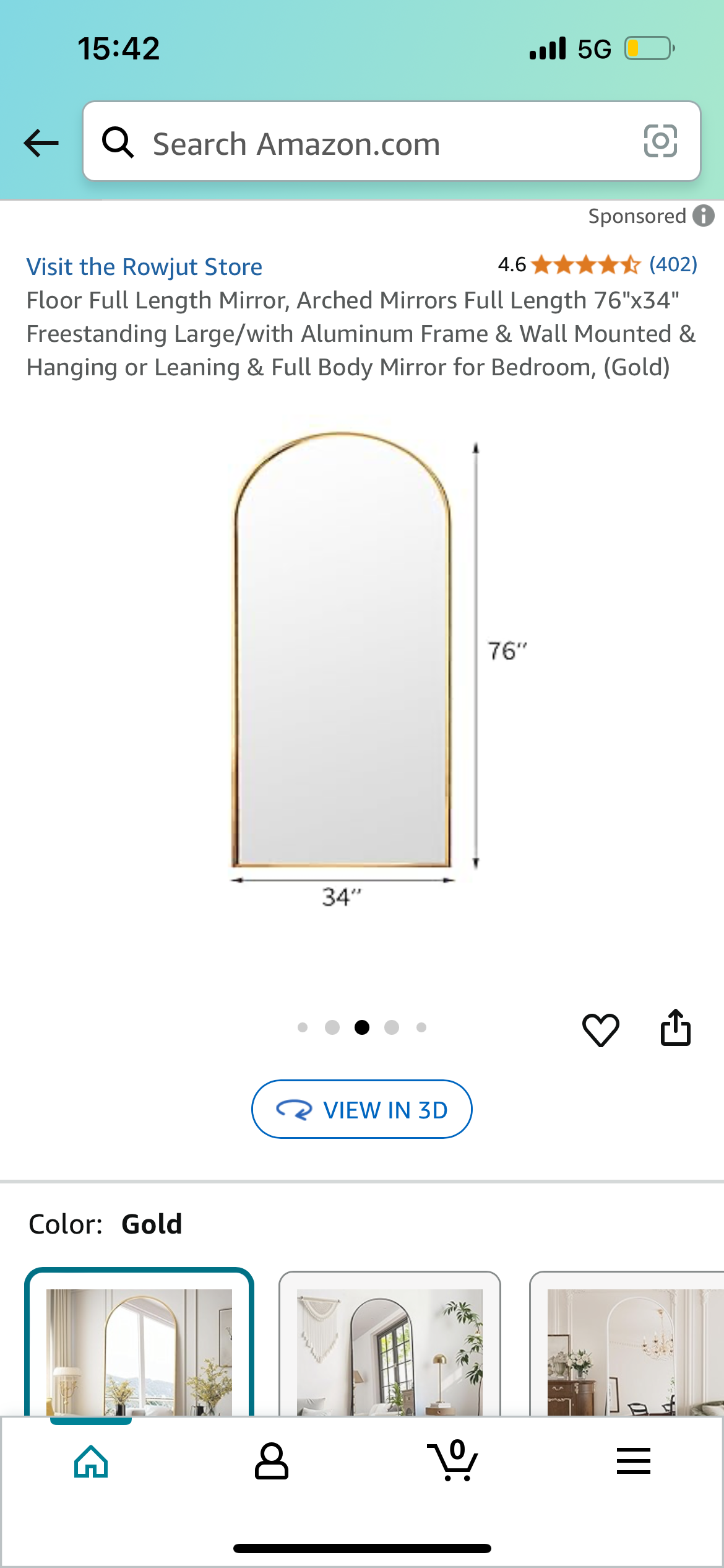 New - Full Length Standing Gold Arched Mirror 76”x34” (M372)