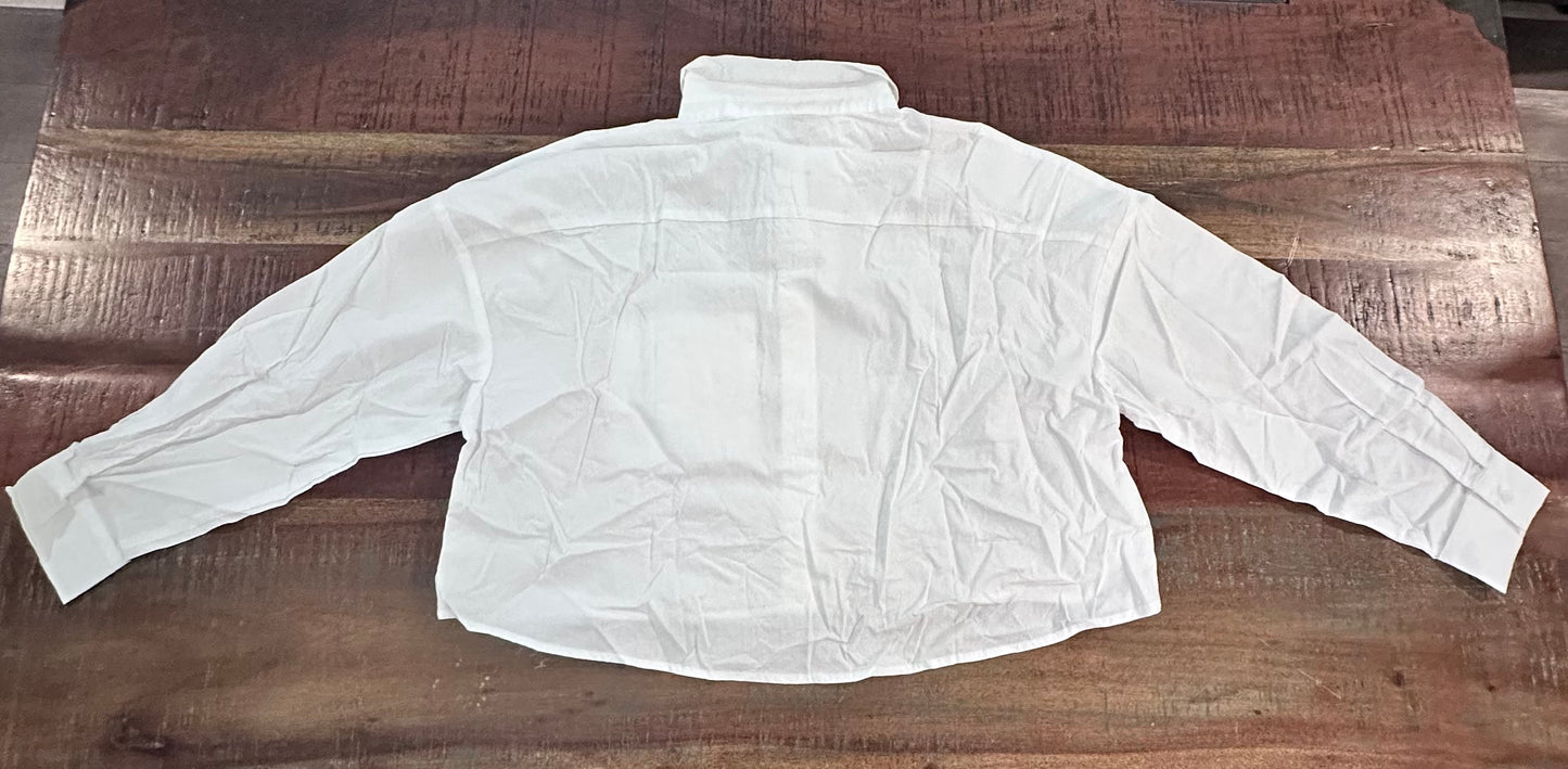 Women's Cropped Button Down 100% Cotton Oversized Long Sleeve Dressy Top, White (Size S)