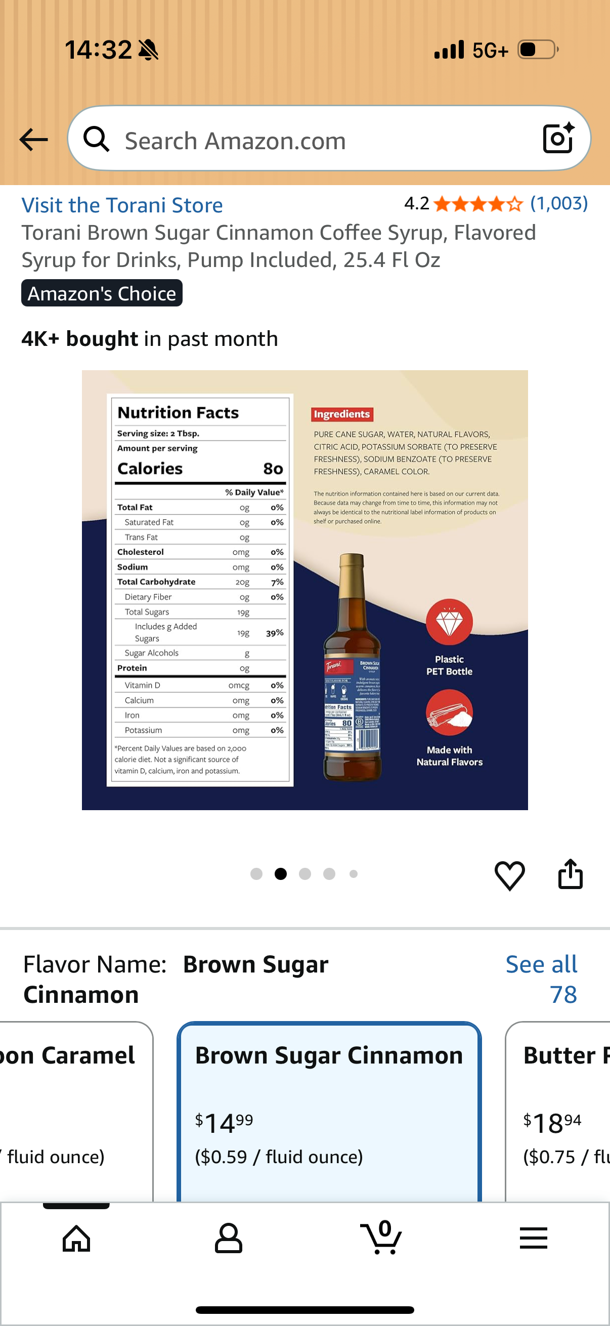 Torani Brown Sugar Cinnamon Coffee Syrup, Flavored Syrup for Drinks, Pump Included, 25.4 Fl Oz