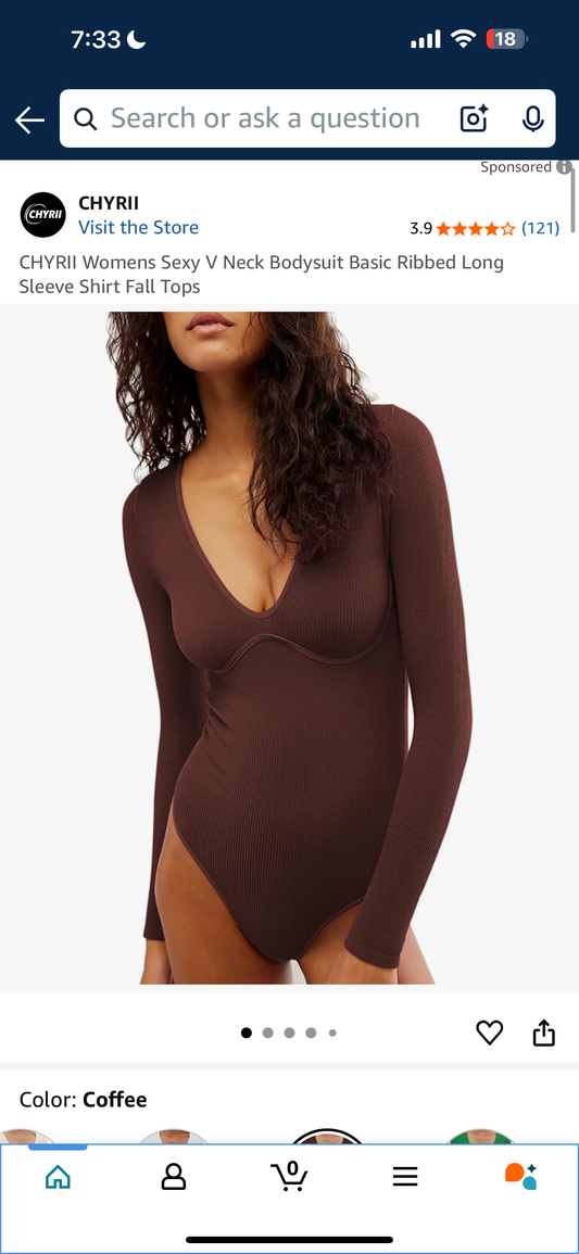 CHYRII Womens Sexy V Neck Bodysuit Basic Ribbed Long Sleeve Shirt Fall Tops (Size Large)