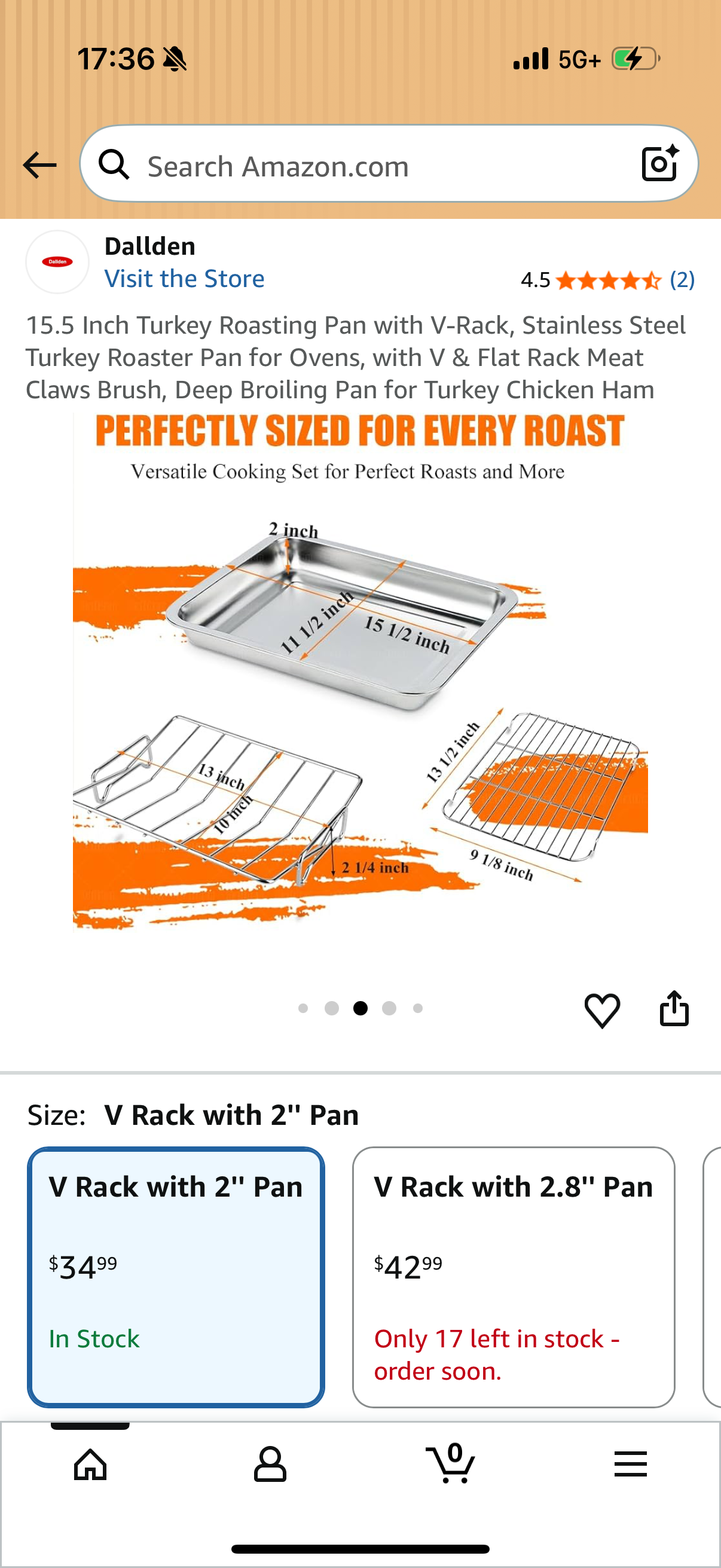 15.5 Inch Turkey Roasting Pan with V-Rack, Stainless Steel Turkey Roaster Pan for Ovens, with V & Flat Rack Meat Claws Brush, Deep Broiling Pan for Turkey Chicken Ham