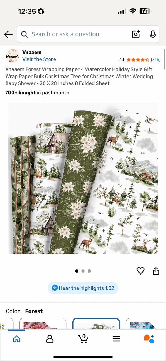 Vnaaem Forest Wrapping Paper 4 Watercolor Holiday Style Gift Wrap Paper Bulk Christmas Tree for Christmas Winter Wedding Baby Shower - 20 X 28 Inches 8 Folded Sheet