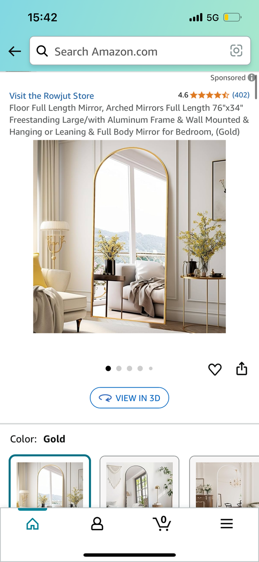 New - Full Length Standing Gold Arched Mirror 76”x34” (M372)