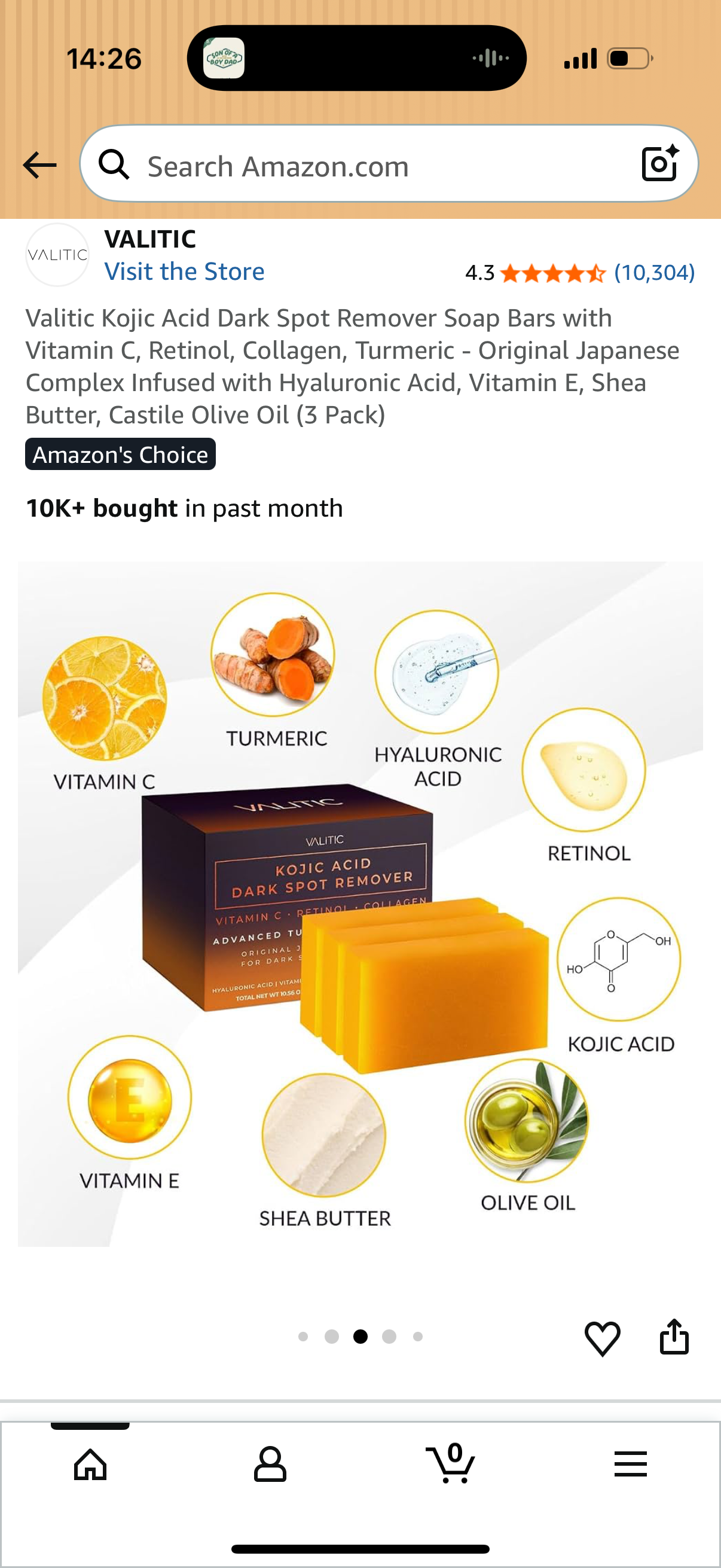 Valitic Kojic Acid Dark Spot Remover Soap Bars with Vitamin C, Retinol, Collagen, Turmeric - Original Japanese Complex Infused with Hyaluronic Acid, Vitamin E, Shea Butter, Castile Olive Oil (3 Pack)