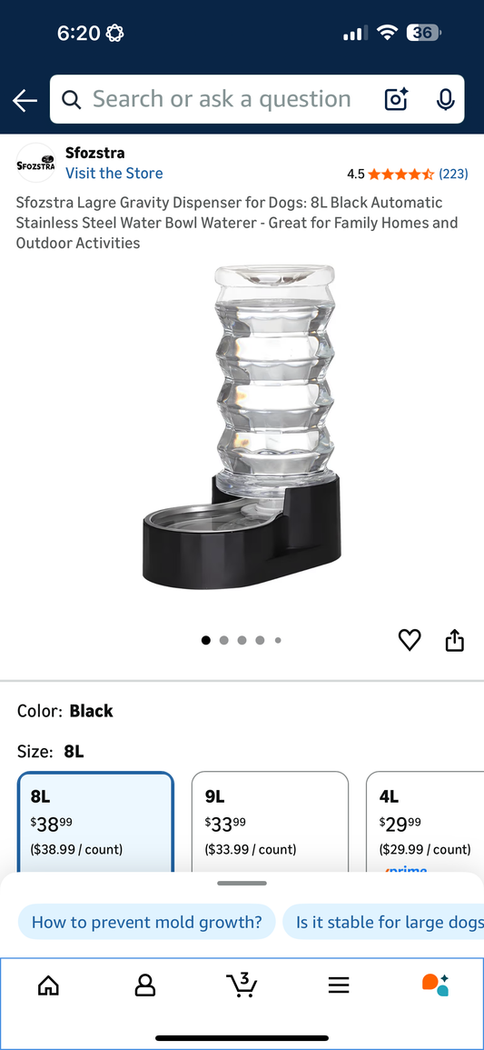 Sfozstra Lagre Gravity Dispenser for Dogs: 8L Black Automatic Stainless Steel Water Bowl Waterer - Great for Family Homes and Outdoor Activities