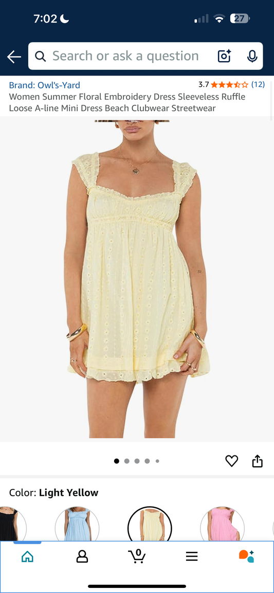 Women Summer Floral Embroidery Dress Sleeveless Ruffle Loose A-line Mini Dress Beach Clubwear Streetwear (Size Large)