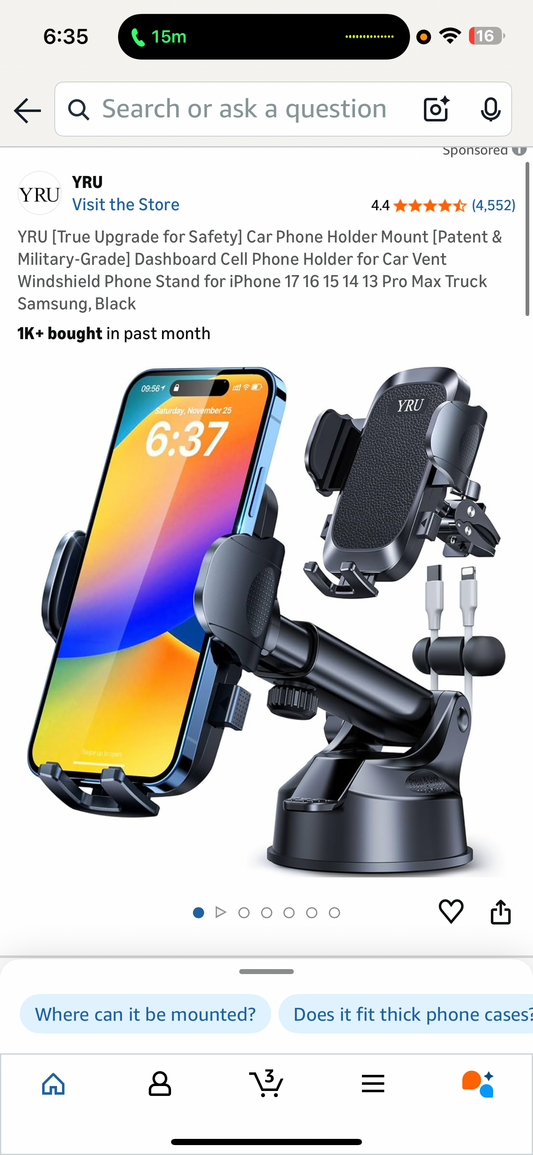 YRU [True Upgrade for Safety] Car Phone Holder Mount [Patent & Military-Grade] Dashboard Cell Phone Holder for Car Vent Windshield Phone Stand for iPhone 17 16 15 14 13 Pro Max Truck Samsung, Black