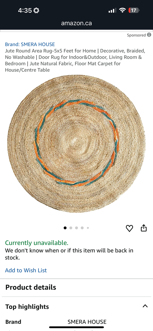 SMERA HOUSE Jute Round Area Rug-5x5 Feet for Home Decorative Braided No Washable Door Rug for Indoor&Outdoor Living Room & Bedroom Jute Natural Fabric Floor Mat Carpet for House Centre Table