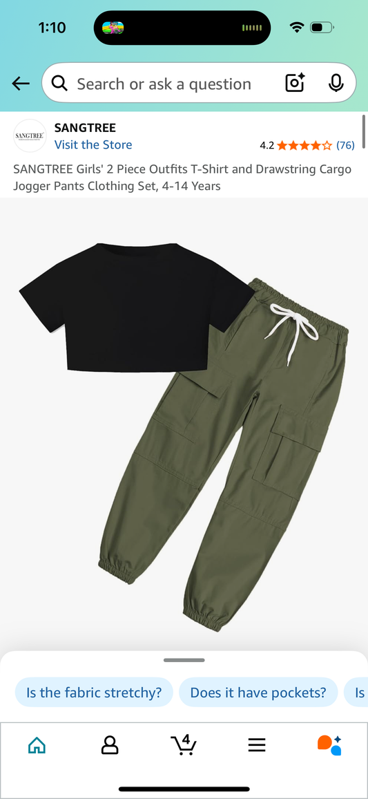 SANGTREE Girl's 2 Piece Outfit, T-Shirt and Drawstring Cargo Jogger Pants (Size 170/girls 13-14)