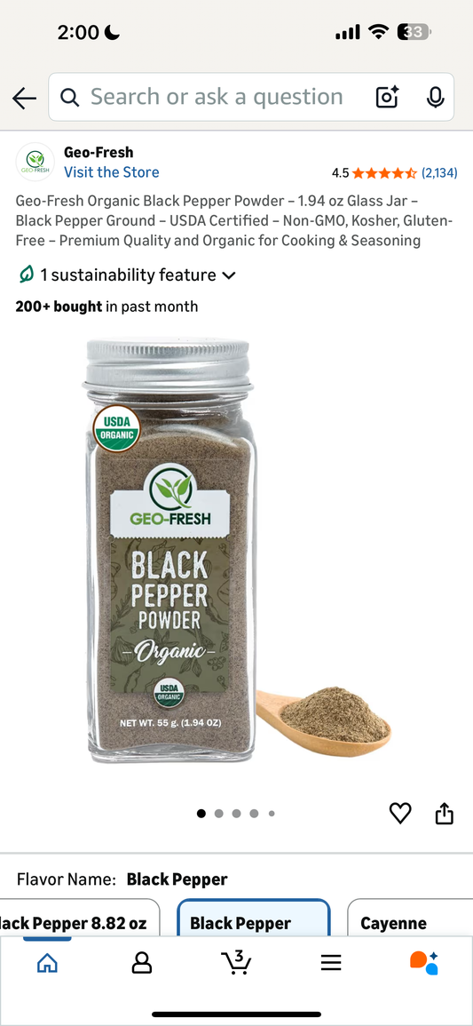 Geo-Fresh Organic Black Pepper Powder – 1.94 oz Glass Jar – Black Pepper Ground – USDA Certified – Non-GMO, Kosher, Gluten-Free – Premium Quality and Organic for Cooking & Seasoning