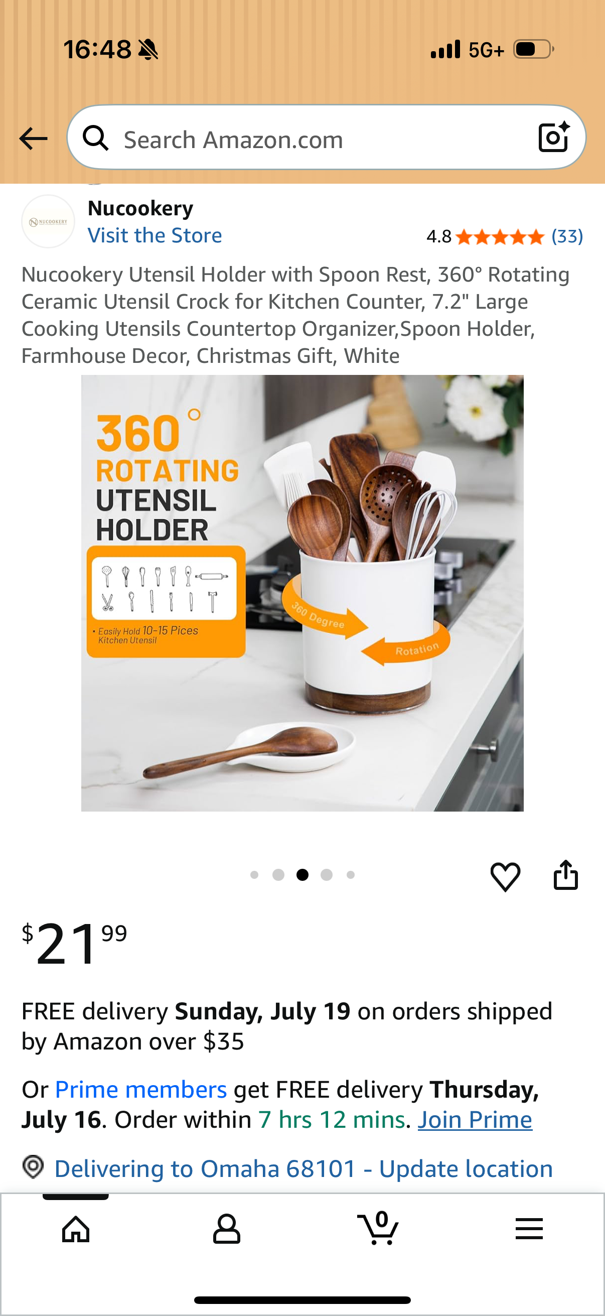 Nucookery Utensil Holder with Spoon Rest, 360° Rotating Ceramic Utensil Crock for Kitchen Counter, 7.2" Large Cooking Utensils Countertop Organizer,Spoon Holder, Farmhouse Decor, Christmas Gift, White
