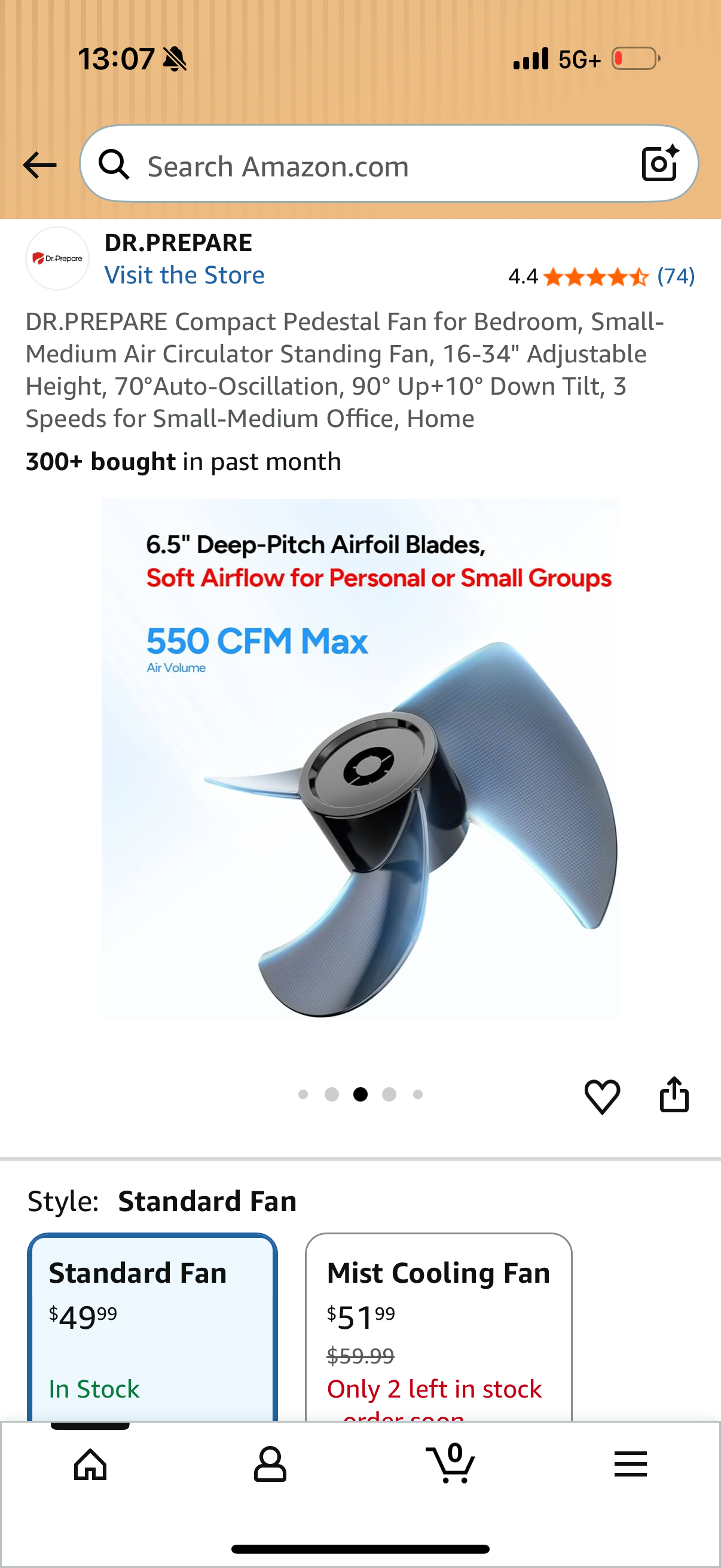 DR.PREPARE Compact Pedestal Fan for Bedroom, Small-Medium Air Circulator Standing Fan, 16-34" Adjustable Height, 70°Auto-Oscillation, 90° Up+10° Down Tilt, 3 Speeds for Small-Medium Office, Home