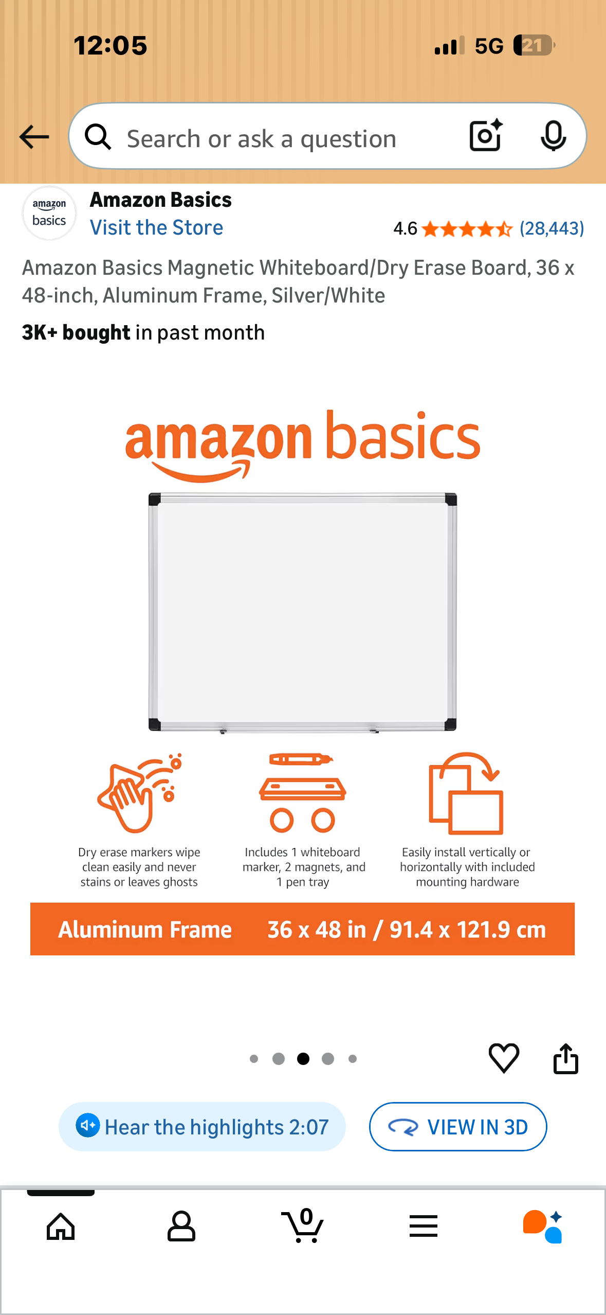 Amazon Basics Magnetic Whiteboard/Dry Erase Board, 36 x 48-inch, Aluminum Frame, Silver/White (O504)