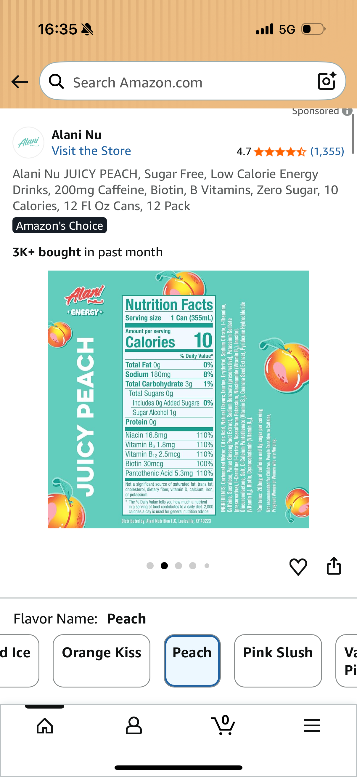 Alani Nu JUICY PEACH, Sugar Free, Low Calorie Energy Drinks, 200mg Caffeine, Biotin, B Vitamins, Zero Sugar, 10 Calories, 12 Fl Oz Cans, 12 Pack, Best By: 12/2027