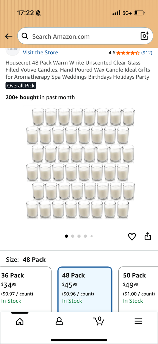 Housecret 42 Pack Warm White Unscented Clear Glass Filled Votive Candles. Hand Poured Wax Candle Ideal Gifts for Aromatherapy Spa Weddings Birthdays Holidays Party