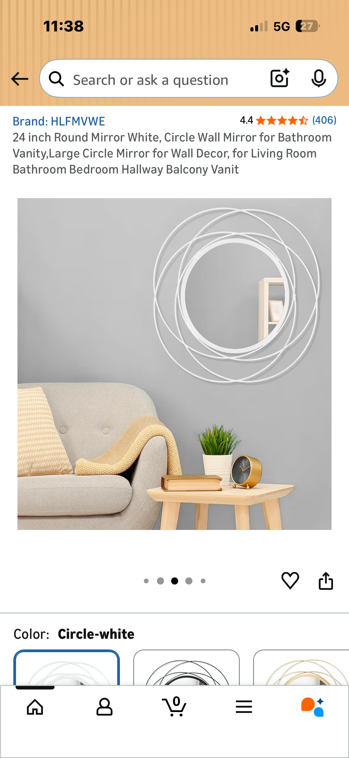 24” Round Mirror, White Circular Wall Mirror for Bathroom, Vanity, Living Room, Bathroom, Bedroom, Hallway Decor 
(M497)