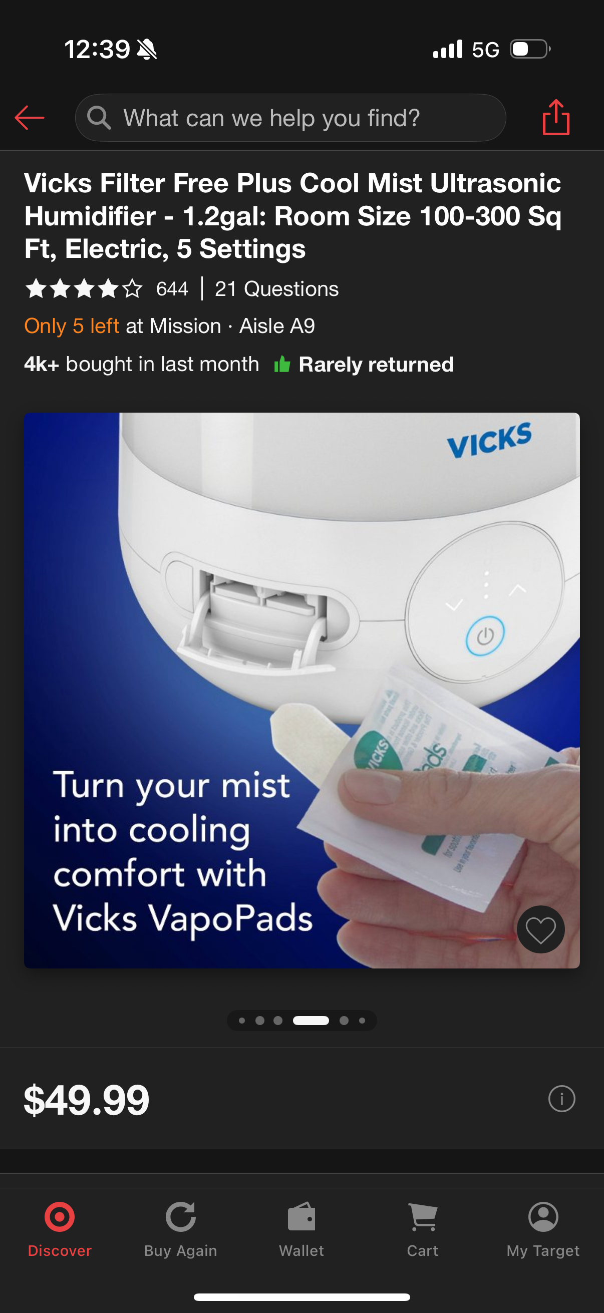 Vicks Filter Free Plus Cool Mist Ultrasonic Humidifier - 1.2gal: Room Size 100-300 Sq Ft, Electric, 5 Settings