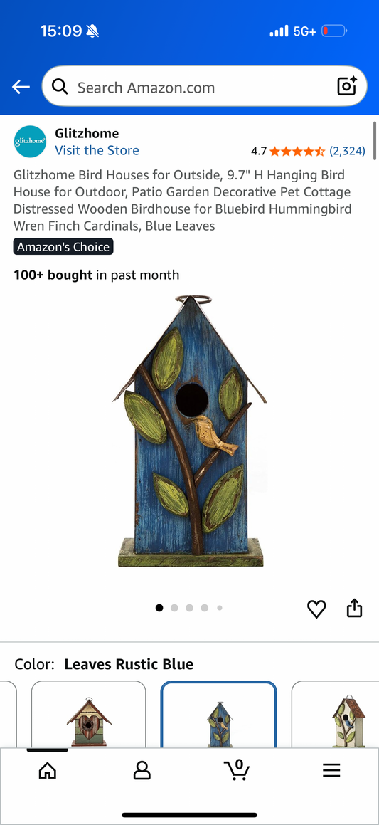 Glitzhome Bird House for Outside, 9.7" H Hanging Bird House for Outdoor, Patio Garden Decorative Pet Cottage Distressed Wooden Birdhouse for Bluebird Hummingbird Wren Finch Cardinals, Blue Leaves