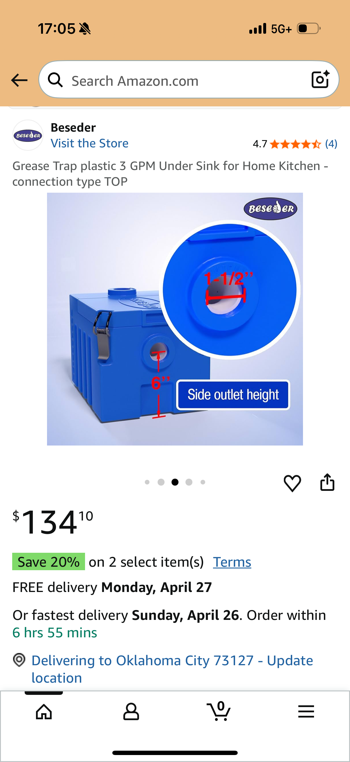 Grease Trap plastic 3 GPM Under Sink for Home Kitchen - connection type TOP