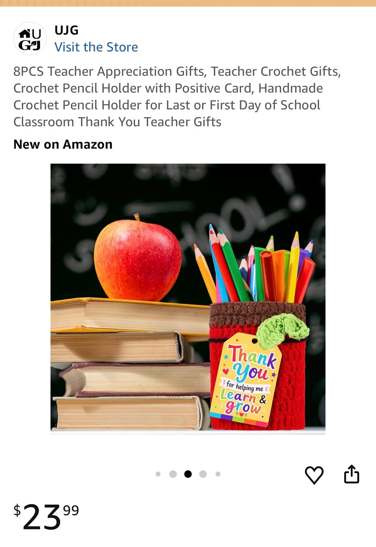 8PCS Teacher Appreciation Gifts, Teacher Crochet Gifts, Crochet Pencil Holder with Positive Card, Handmade Crochet Pencil Holder for Last or First Day of School Classroom Thank You Teacher Gifts