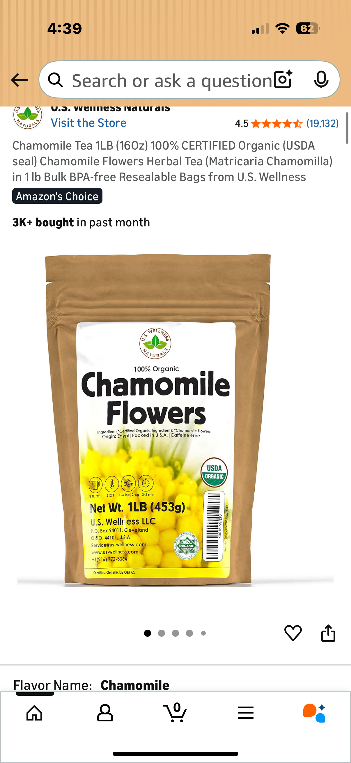 Chamomile Tea 1LB (16Oz) 100% CERTIFIED Organic (USDA seal) Chamomile Flowers Herbal Tea (Matricaria Chamomilla) in 1 lb Bulk BPA-free Resealable Bags from U.S. Wellness
