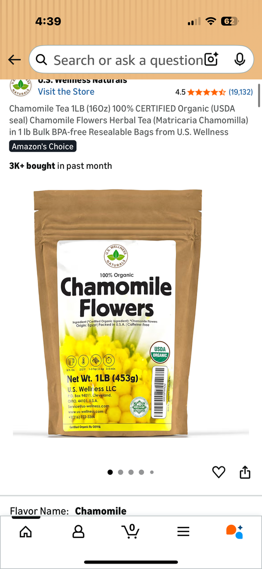 Chamomile Tea 1LB (16Oz) 100% CERTIFIED Organic (USDA seal) Chamomile Flowers Herbal Tea (Matricaria Chamomilla) in 1 lb Bulk BPA-free Resealable Bags from U.S. Wellness