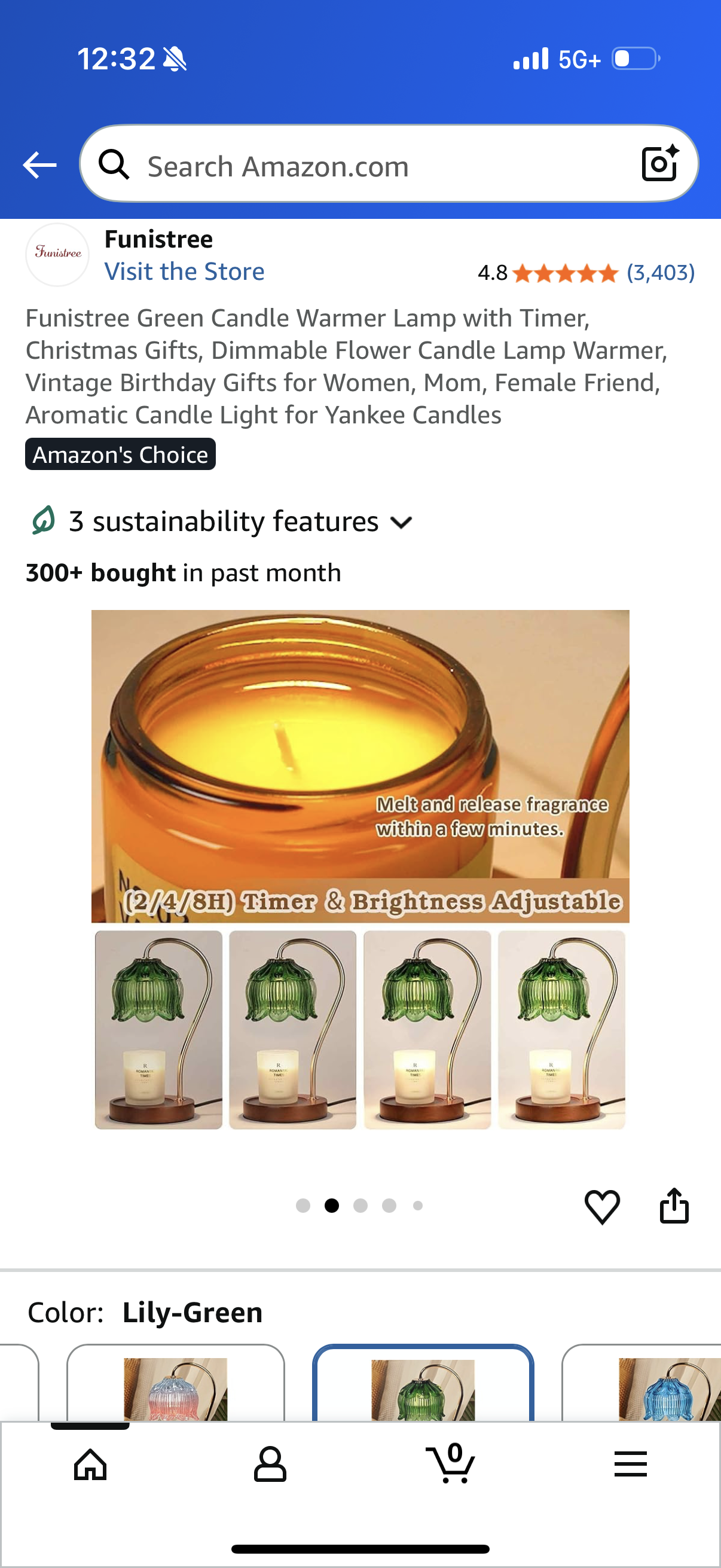 Funistree Green Candle Warmer Lamp with Timer, Christmas Gifts, Dimmable Flower Candle Lamp Warmer, Vintage Birthday Gifts for Women, Mom, Female Friend, Aromatic Candle Light for Yankee Candles
