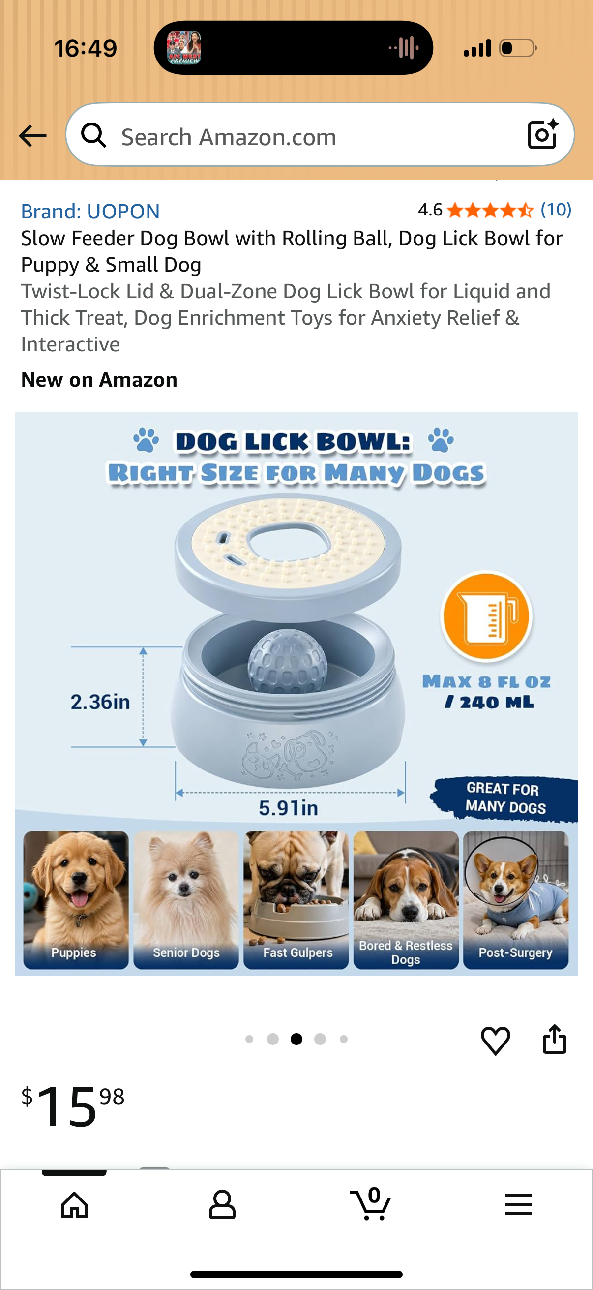 Slow Feeder Dog Bowl with Rolling Ball, Dog Lick Bowl for Puppy & Small Dog Twist-Lock Lid & Dual-Zone Dog Lick Bowl for Liquid and Thick Treat, Dog Enrichment Toys for Anxiety Relief & Interaction