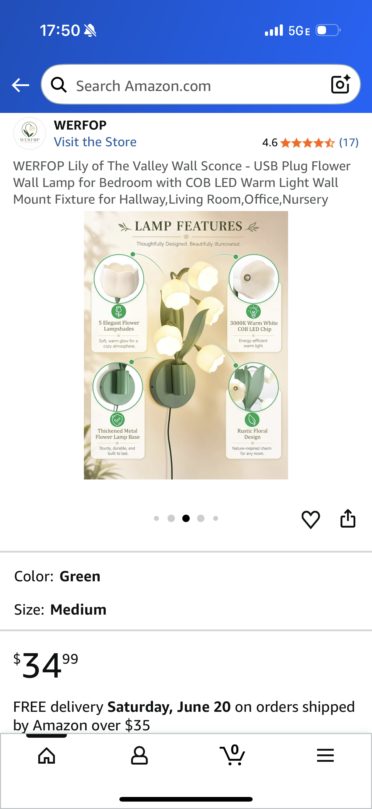 WERFOP Lily of The Valley Wall Sconce - USB Plug Flower Wall Lamp for Bedroom with COB LED Warm Light Wall Mount Fixture for Hallway,Living Room,Office,Nursery