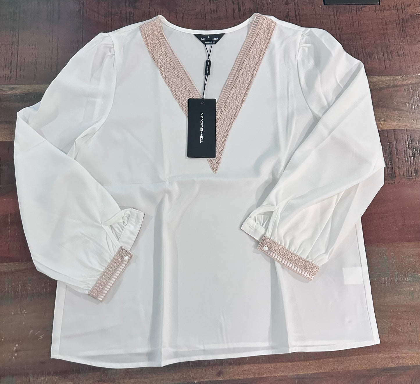 Women's Casual Lace V Neck T Shirt, Dressy Puff Long Sleeve Loose Blouse (Size L)