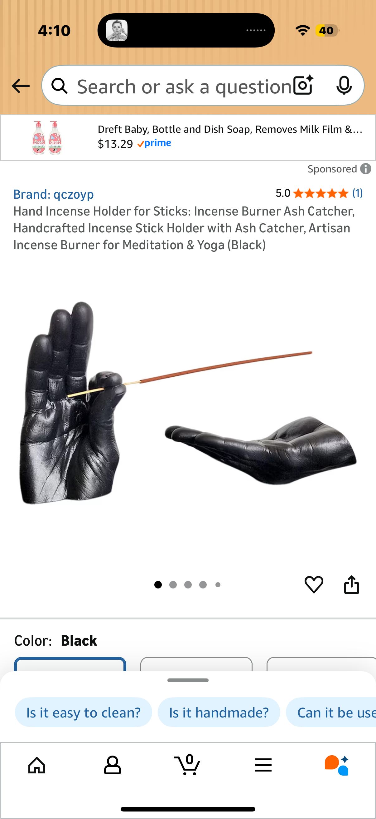 Hand Incense Holder for Sticks: Incense Burner Ash Catcher, Handcrafted Incense Stick Holder with Ash Catcher, Artisan Incense Burner for Meditation & Yoga (Black