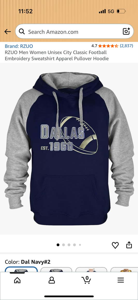 Mens Dallas City Classic Football Sweatshirt Pullover Hoodie Size XXL