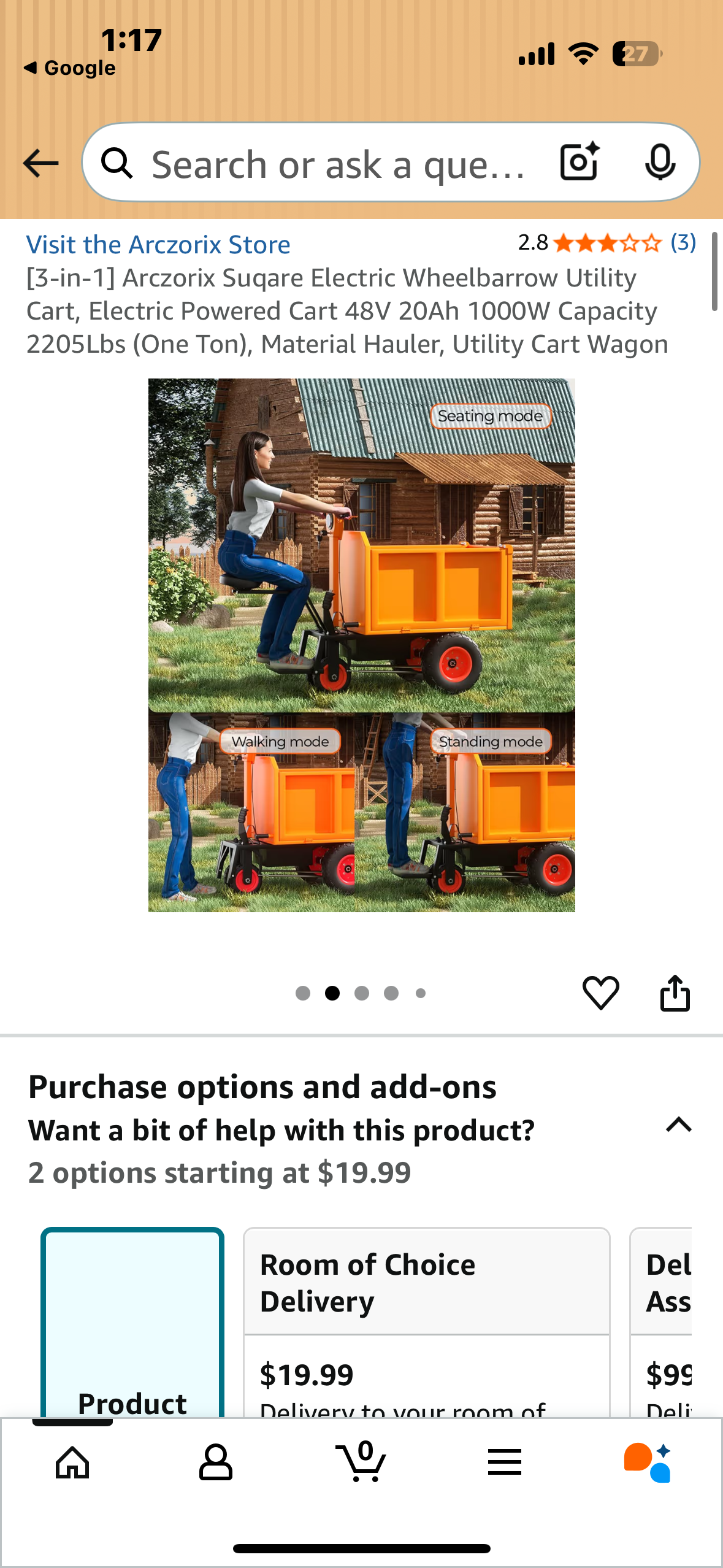 Arczorix [3-in-1] Electric Wheelbarrow Utility Cart, Electric Powered Cart 48V 20Ah 1000W Capacity 2205Lbs (One Ton), Material Hauler, Utility Cart Wagon (G876)