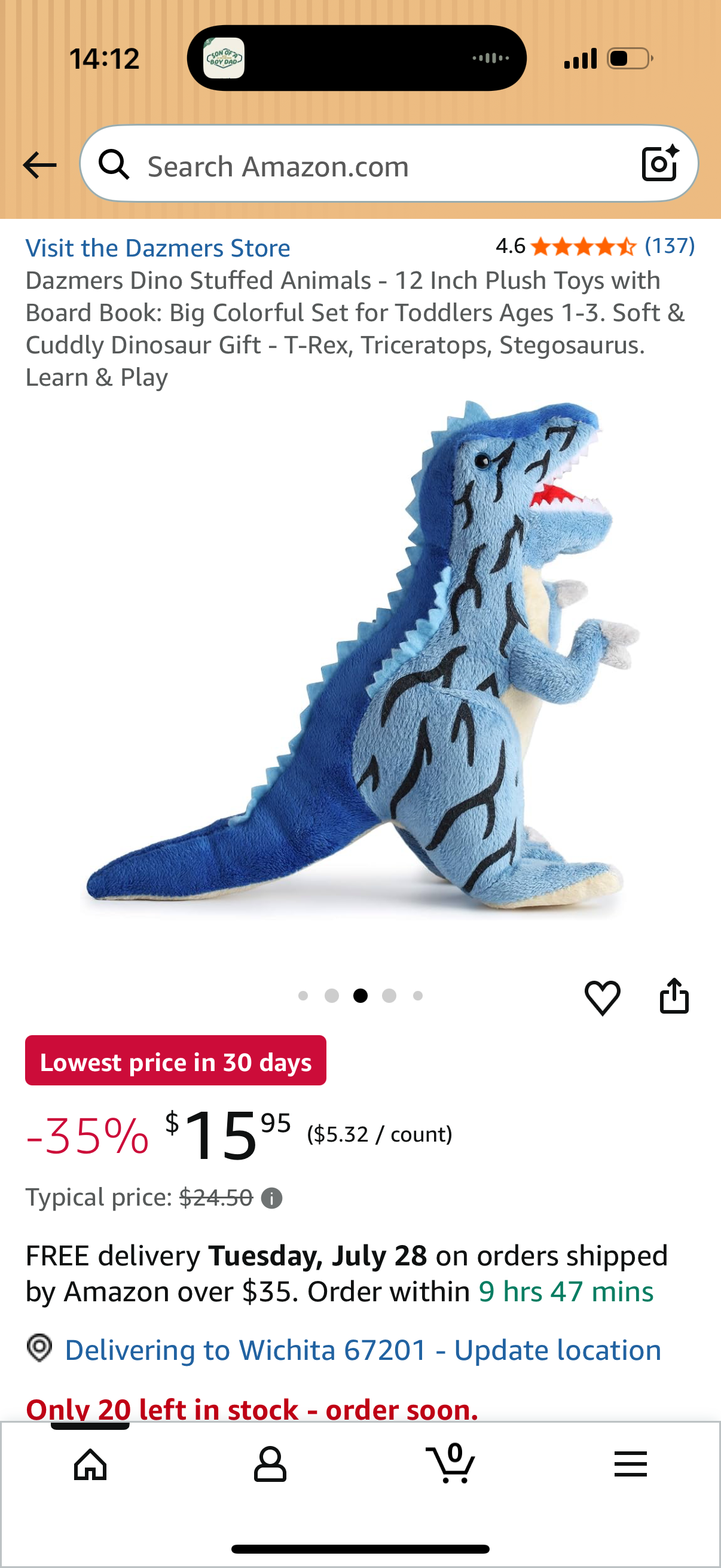 Dazmers Dino Stuffed Animals - 12 Inch Plush Toys with Board Book: Big Colorful Set for Toddlers Ages 1-3. Soft & Cuddly Dinosaur Gift - T-Rex, Triceratops, Stegosaurus. Learn & Play