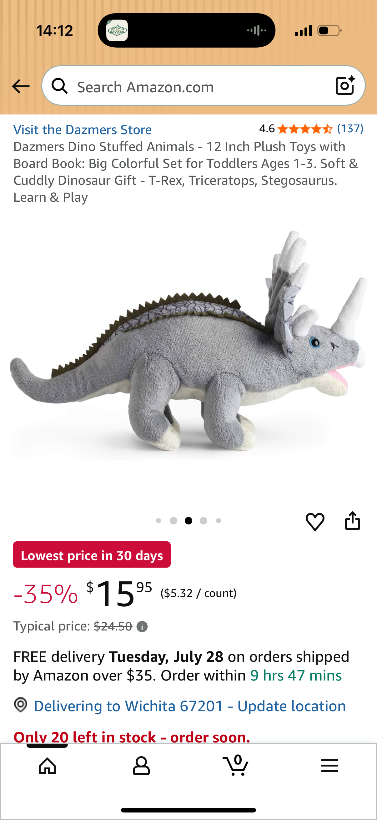 Dazmers Dino Stuffed Animals - 12 Inch Plush Toys with Board Book: Big Colorful Set for Toddlers Ages 1-3. Soft & Cuddly Dinosaur Gift - T-Rex, Triceratops, Stegosaurus. Learn & Play