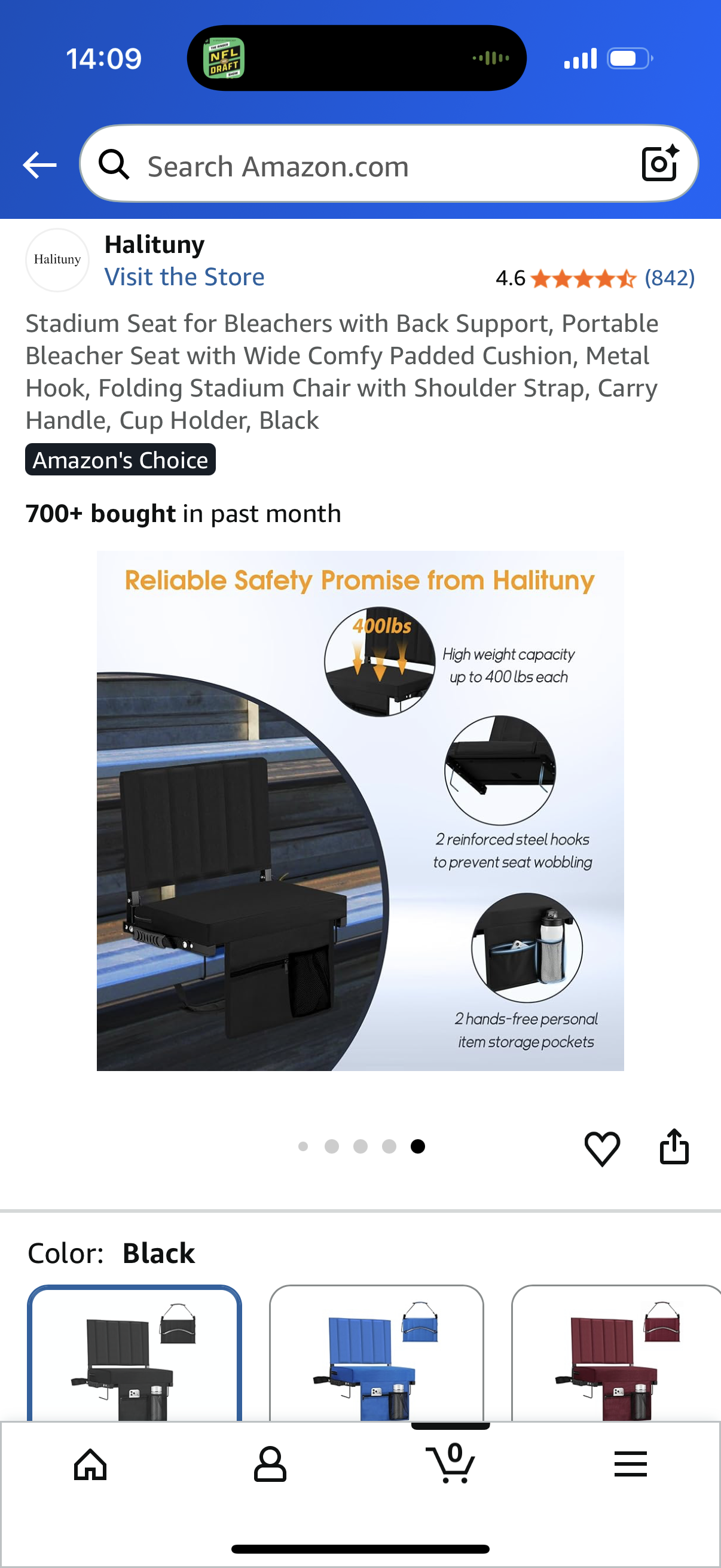 Stadium Seat for Bleachers with Back Support, Portable Bleacher Seat with Wide Comfy Padded Cushion, Metal Hook, Folding Stadium Chair with Shoulder Strap, Carry Handle, Cup Holder, Black