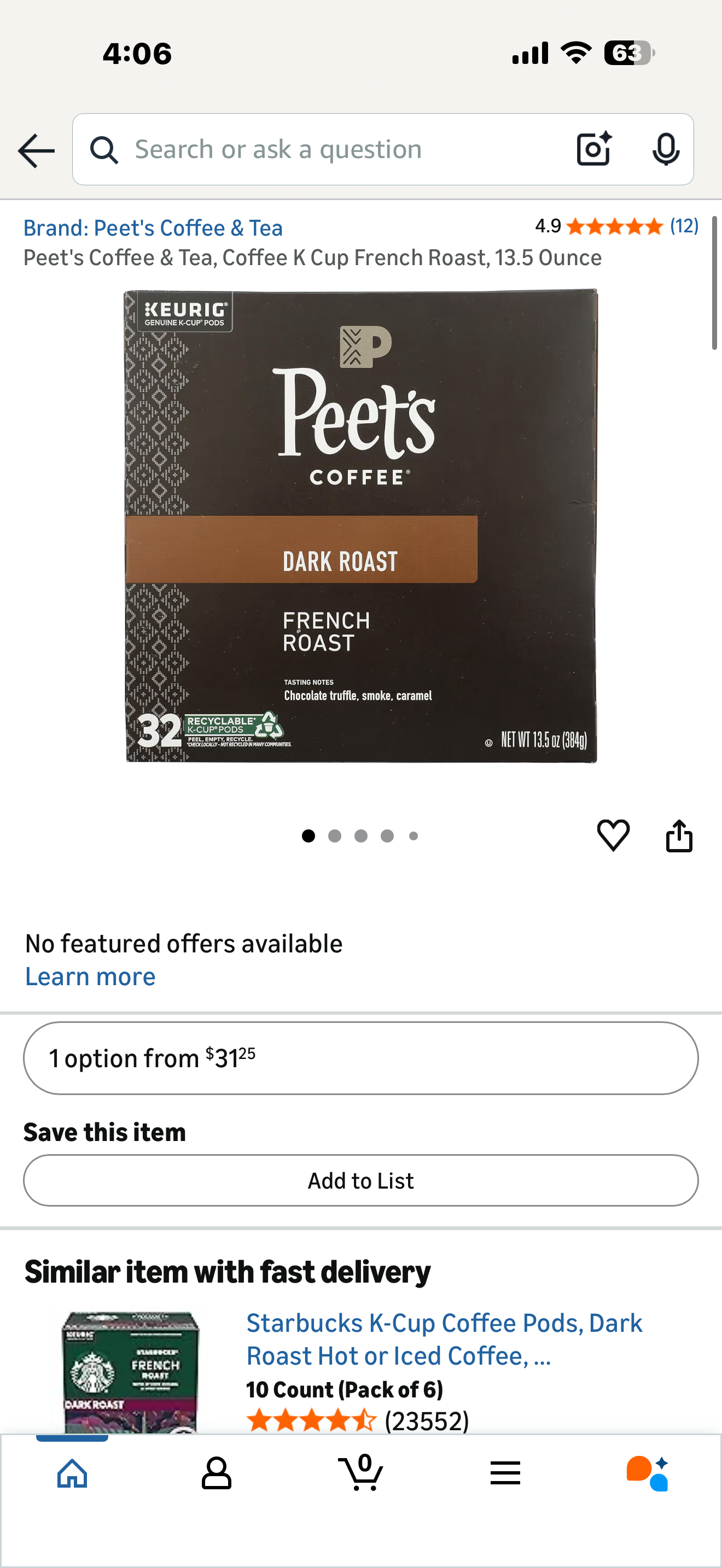 Peet's Coffee & Tea, Coffee K Cup French Roast, 13.5 Ounce (Best by 8/28/26)