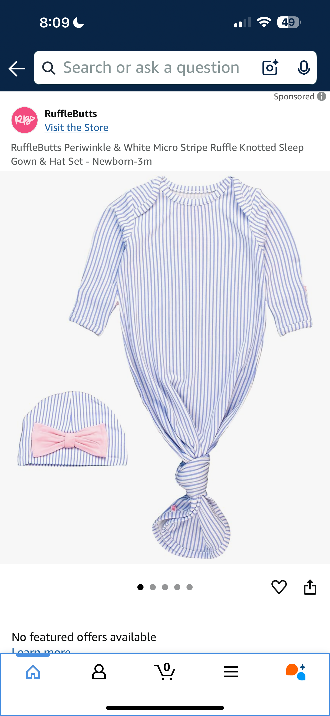 RuffleButts Dots Blue & White Micro Stripe Knotted Sleep Gown & Hat Set - Newborn-3m