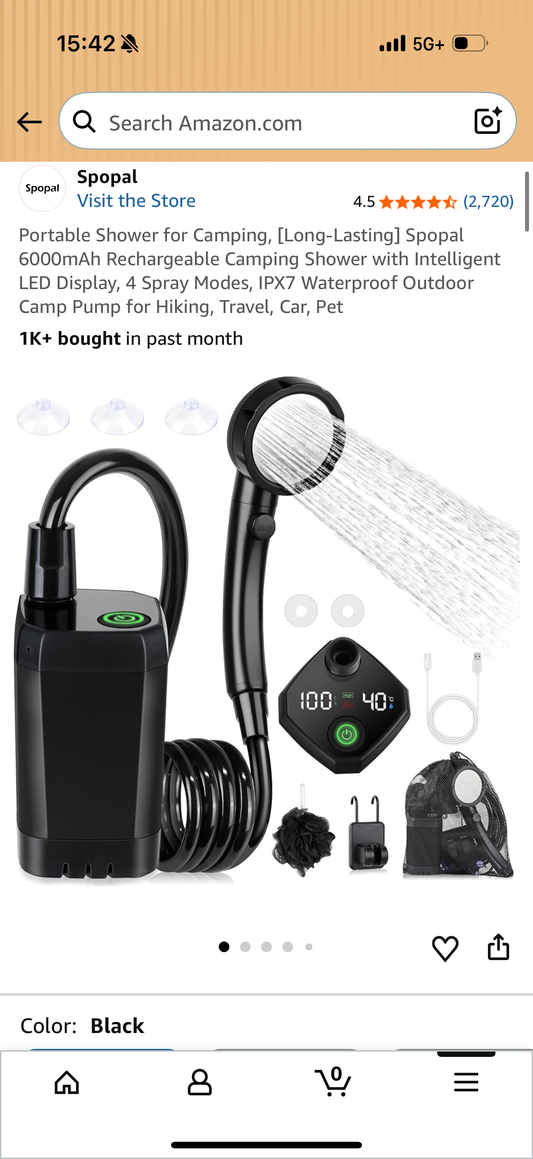 Portable Shower for Camping, [Long-Lasting] Spopal 6000mAh Rechargeable Camping Shower with Intelligent LED Display, 4 Spray Modes, IPX7 Waterproof Outdoor Camp Pump for Hiking, Travel, Car, Pet