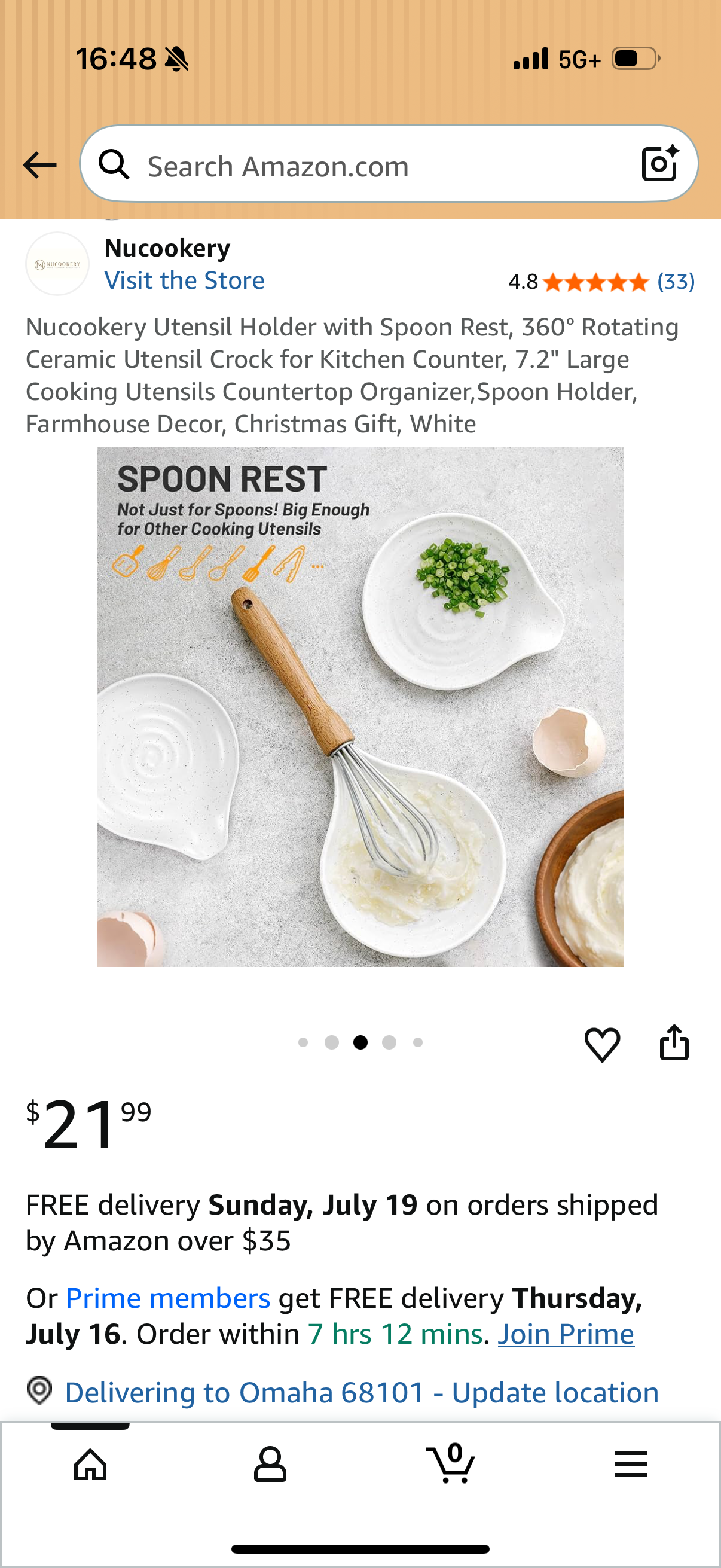 Nucookery Utensil Holder with Spoon Rest, 360° Rotating Ceramic Utensil Crock for Kitchen Counter, 7.2" Large Cooking Utensils Countertop Organizer,Spoon Holder, Farmhouse Decor, Christmas Gift, White