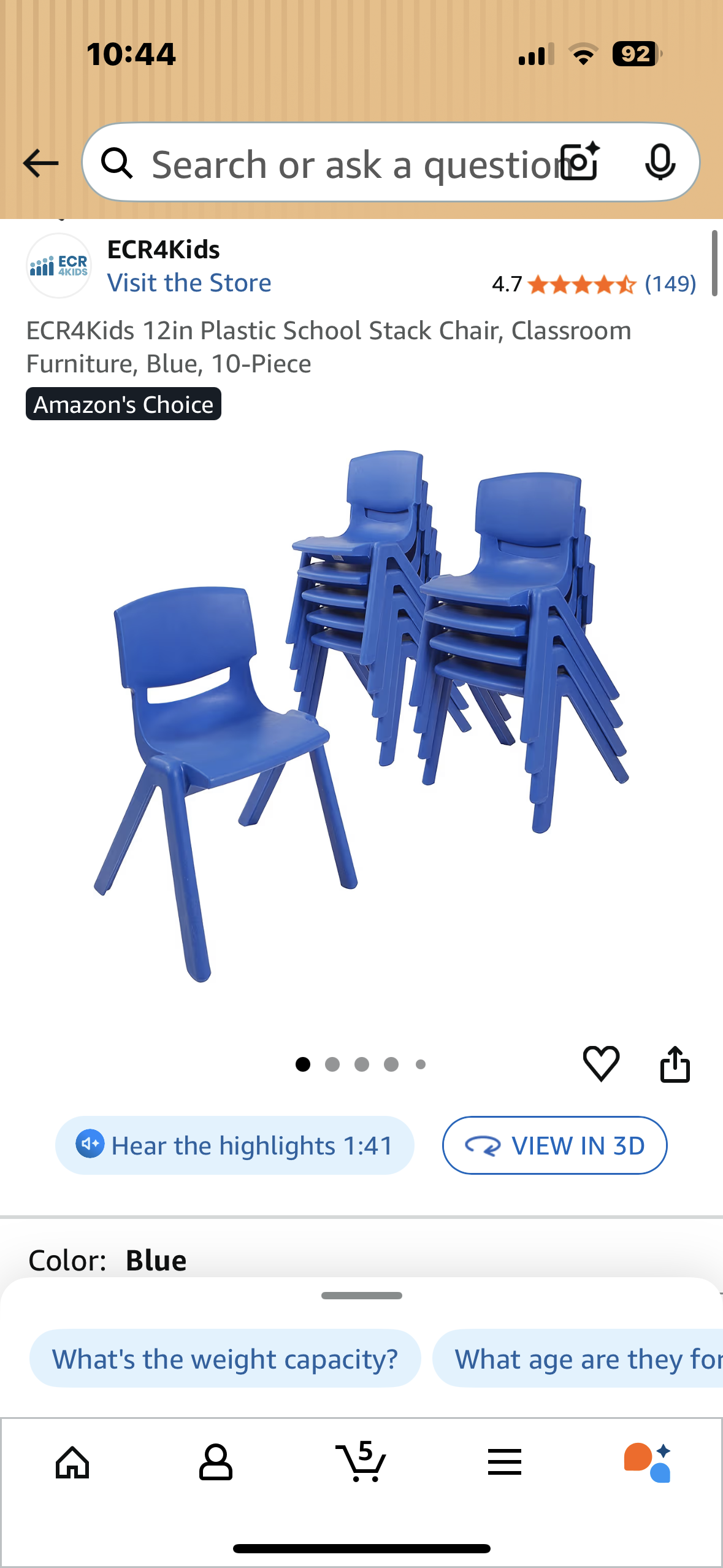 10 Chairs -  12in Plastic School Stack Chair, Classroom Furniture, Blue, 10-Piece (R723)